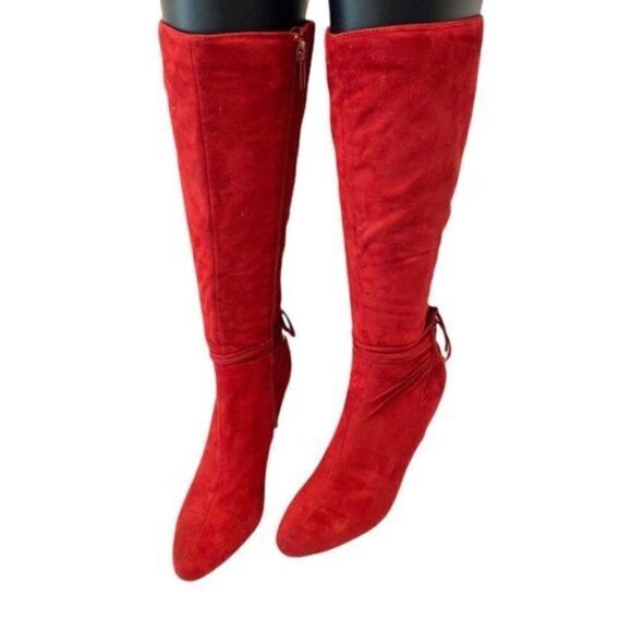 Women Sexy Red Pointed Toe Medium Heels Knee Boots Booties Gabrielle Shoes - Picture 2 of 10